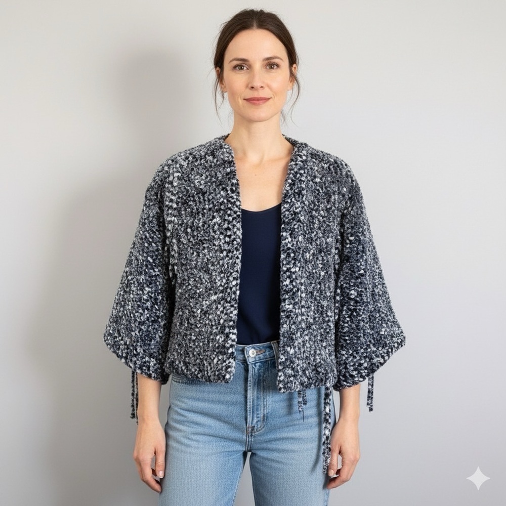 Handmade Marled Chenille Cropped Boxy Sweater Cardigan Tassel Jacket - Small